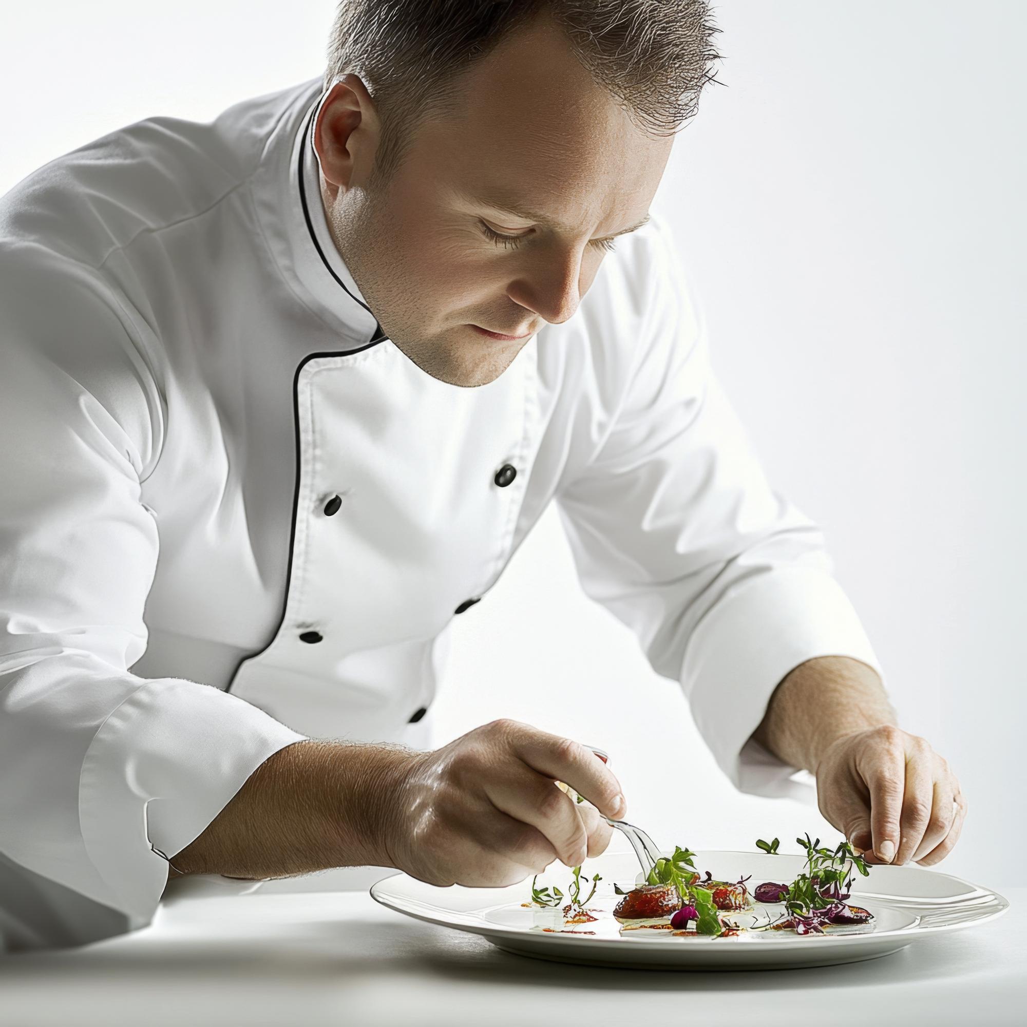 A master chef demonstrating a plated dish in an elegant kitchen